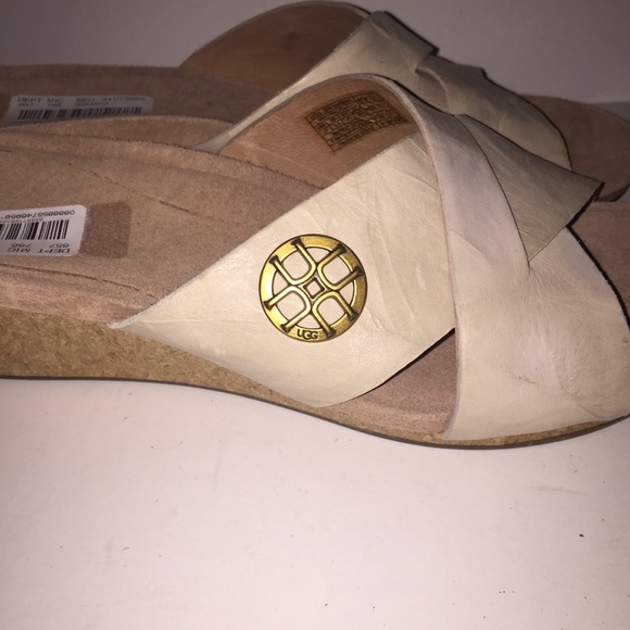UGG Lyra Sandals Tan Leather Wedge Cork Heel Sz 10 - Picture 6 of 8